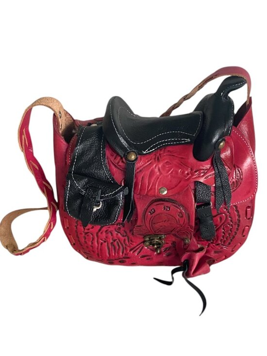 FM Handbags - Red & Black Hand-Tooled Leather Mexican Saddle Purse – Western Novelty Bag NWOT